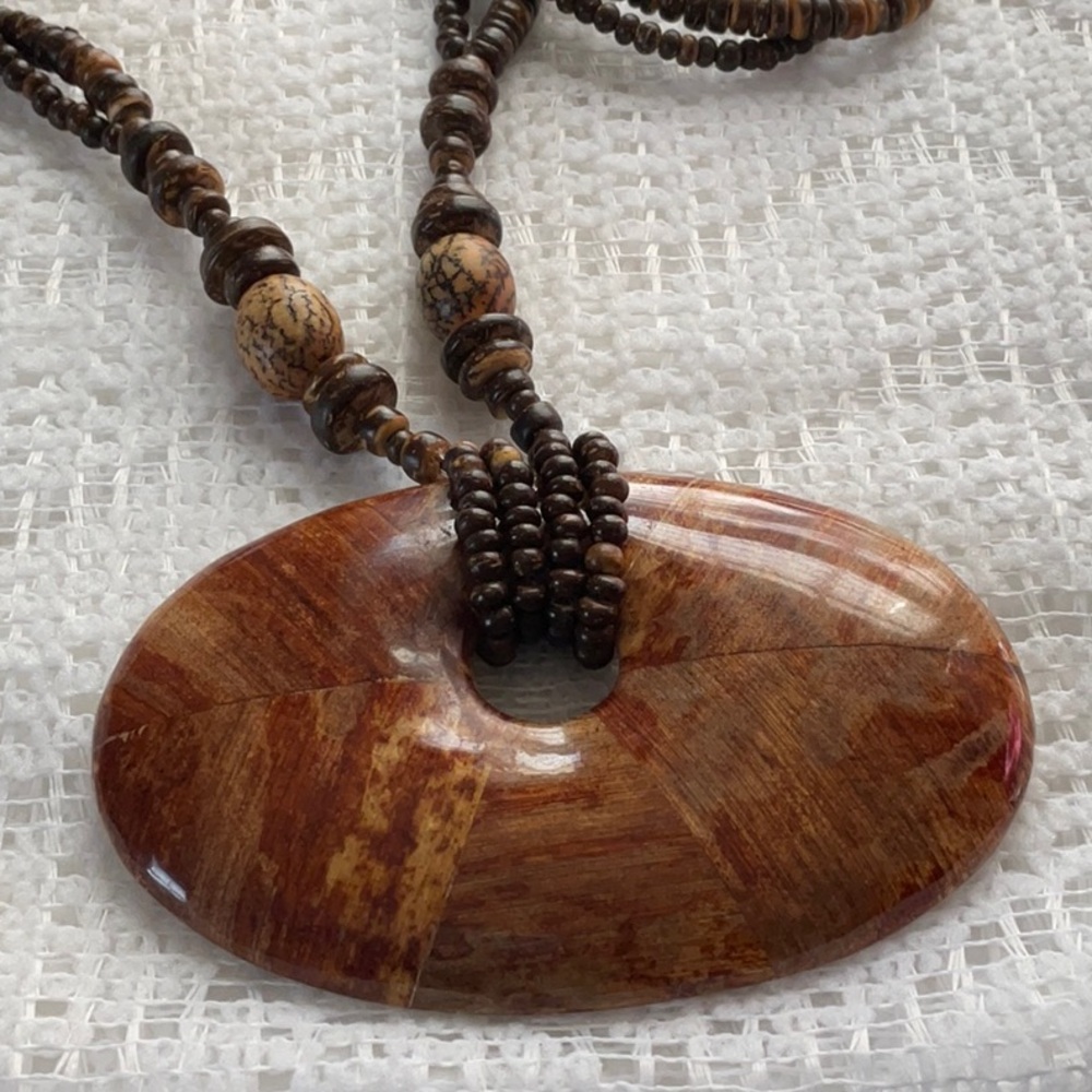 Vintage Wood Coconut Shell Bead Statement Necklace Boho